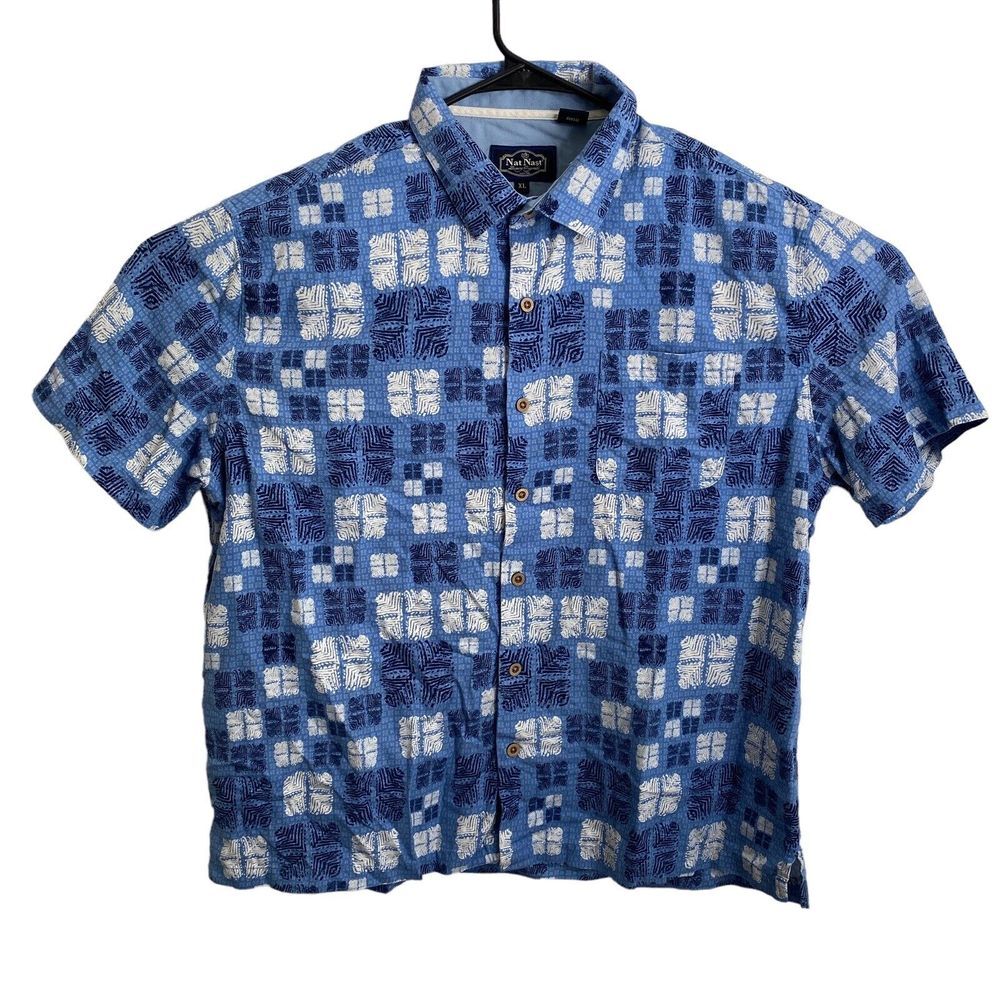 Nat Nast Silk Blend Hawaiian Button Up‎ Shirt Mens Size XL Blue Print